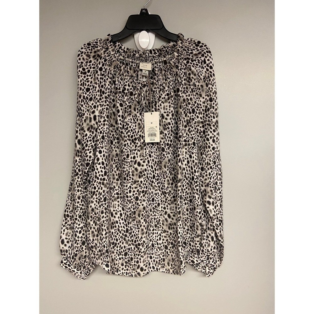 A New Day Womens Animal Spot Smocked Tie Neck Blouse Black White M 018023832